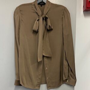 Quince Olive Brown Tie-Neck Blouse